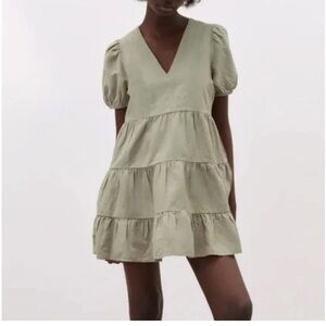 Zara Linen Blend Tiered Sundress in Sage Green  short sleeve